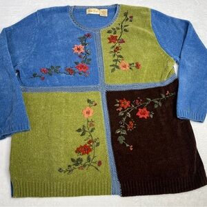 Vintage Bobby Brooks Chenille Sweater XL Blue Green 90s Embroidered Boho Grandma